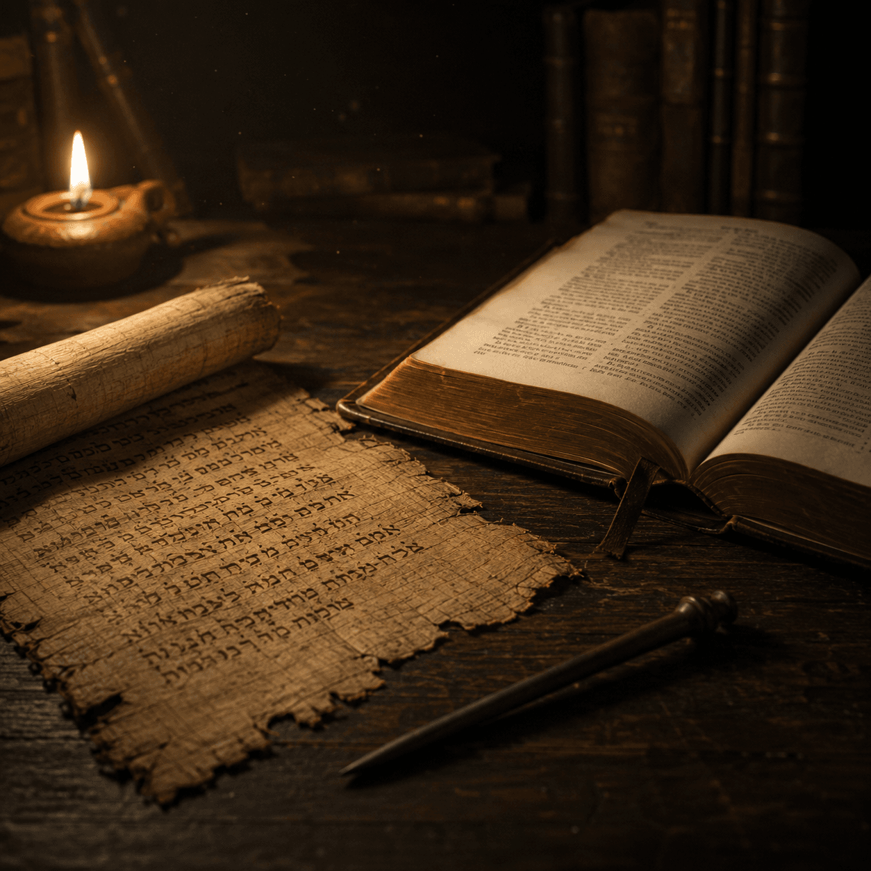 An aged Hebrew scroll and an open book beside an oil lamp on a dark wooden table
