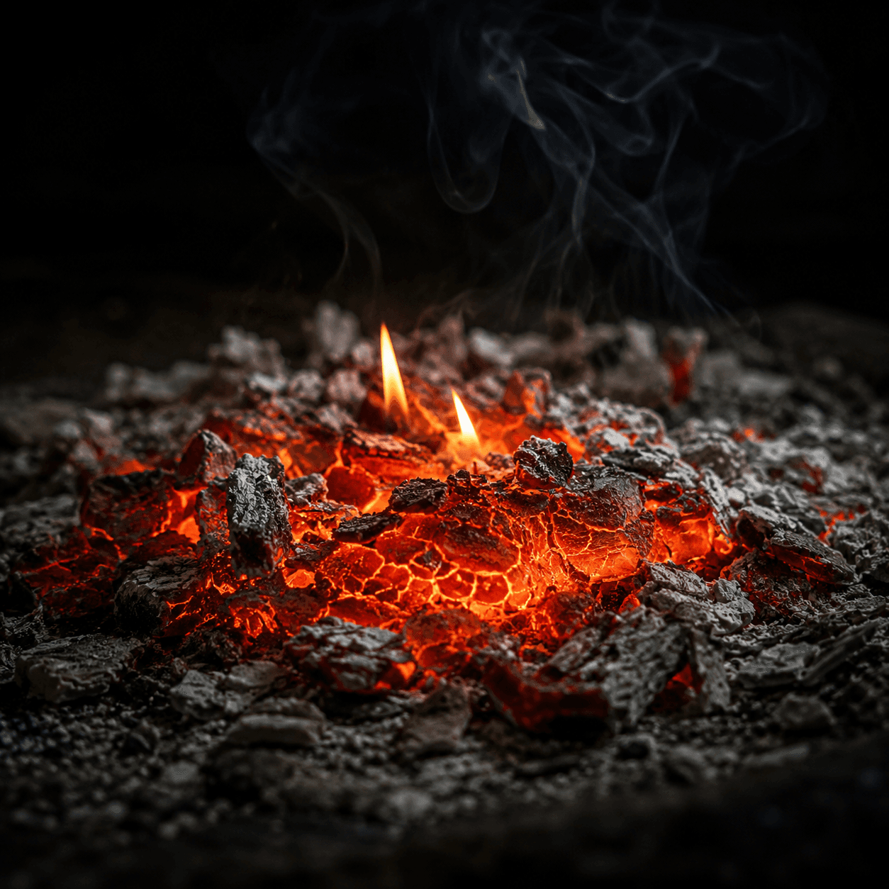 A bed of glowing embers and ash with a small flame and smoke rising in the dark