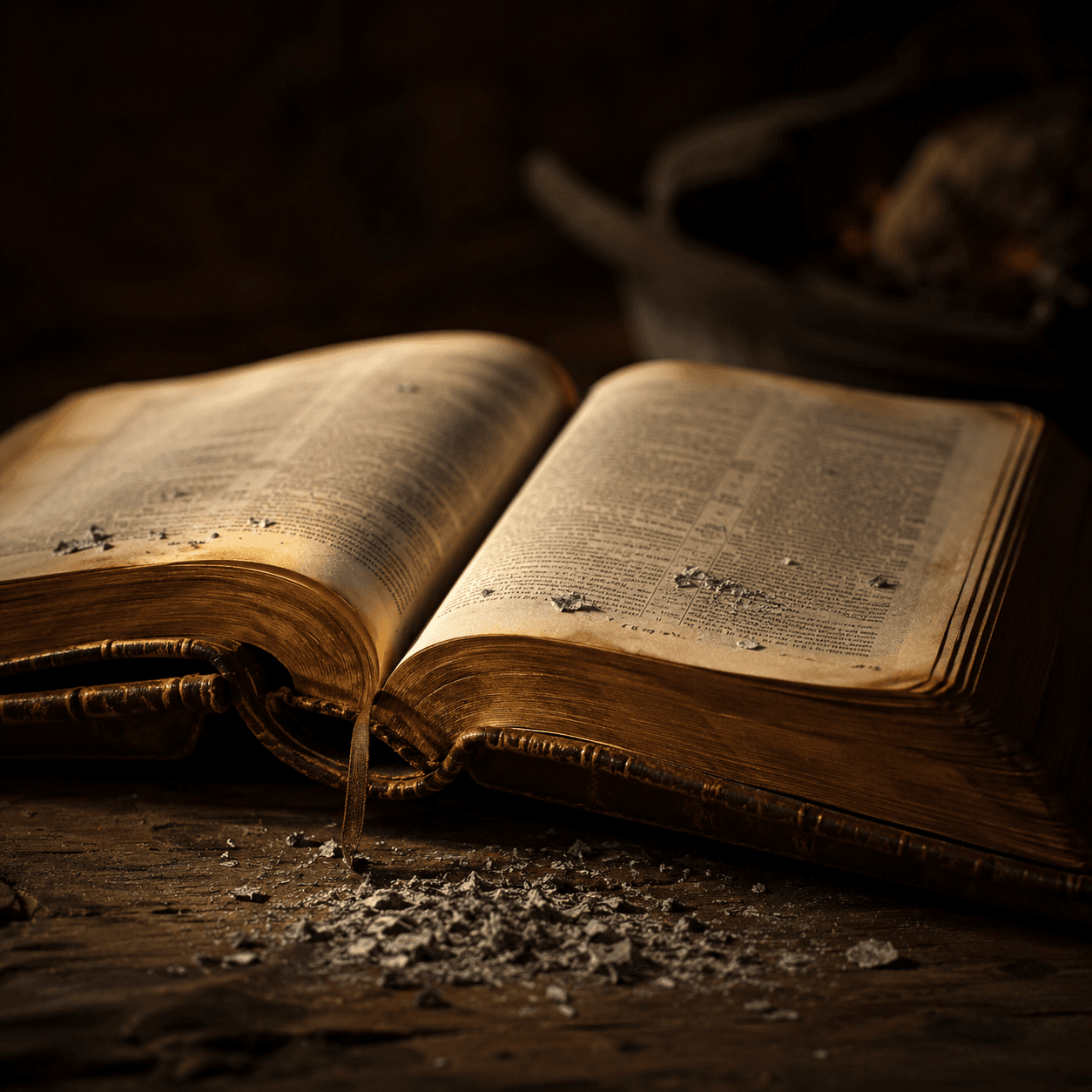 An open, aged book on a wooden table dusted with fine ash and cooling embers
