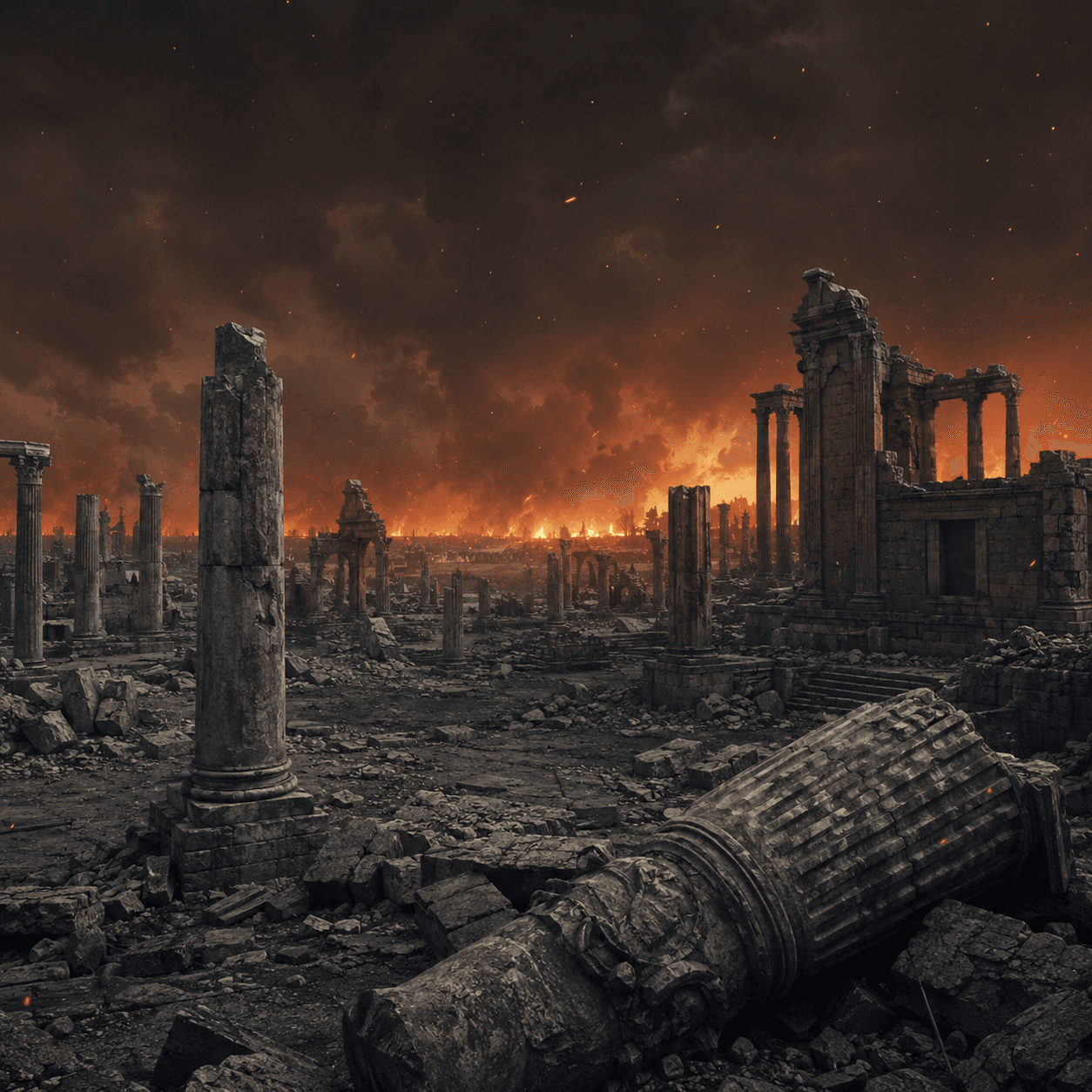 An ancient city in ruins and flames under a smoke-filled night sky