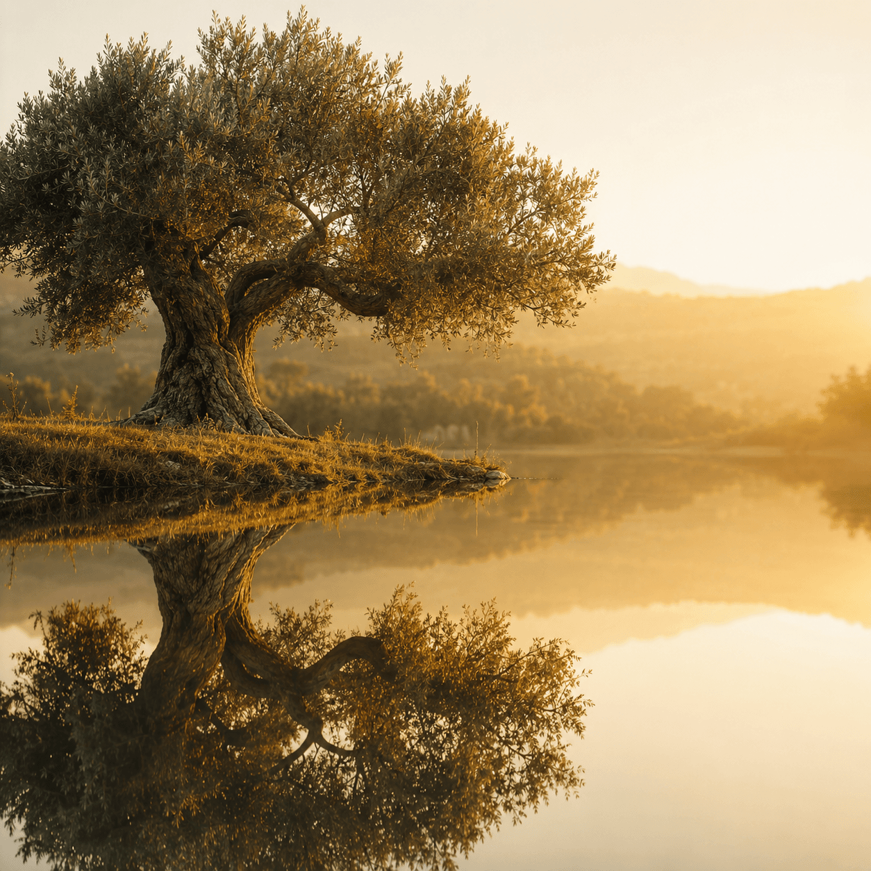 A lone olive tree mirrored in still water at golden sunrise