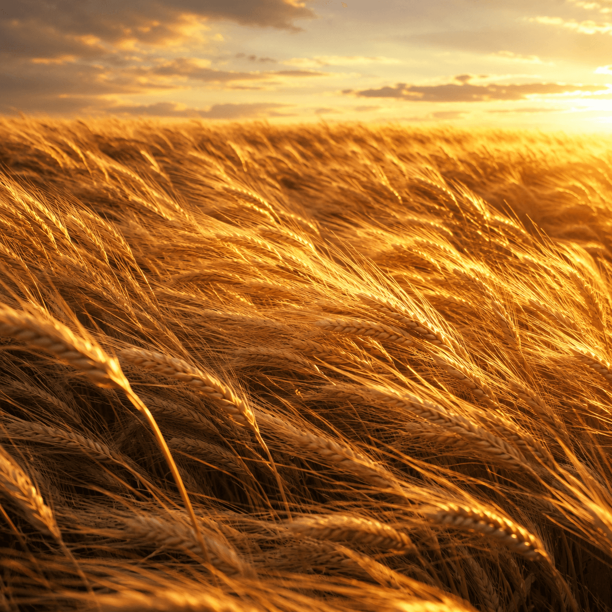 A field of golden wheat bending in the wind at sunset