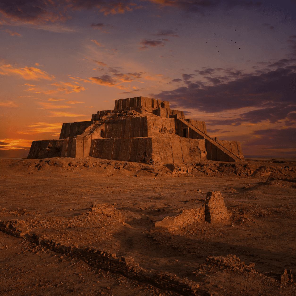 The ruins of an ancient Mesopotamian ziggurat rising from the desert at sunset