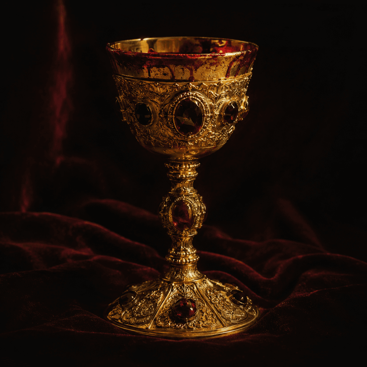 An ornate golden, jewel-encrusted chalice of red wine against dark red velvet