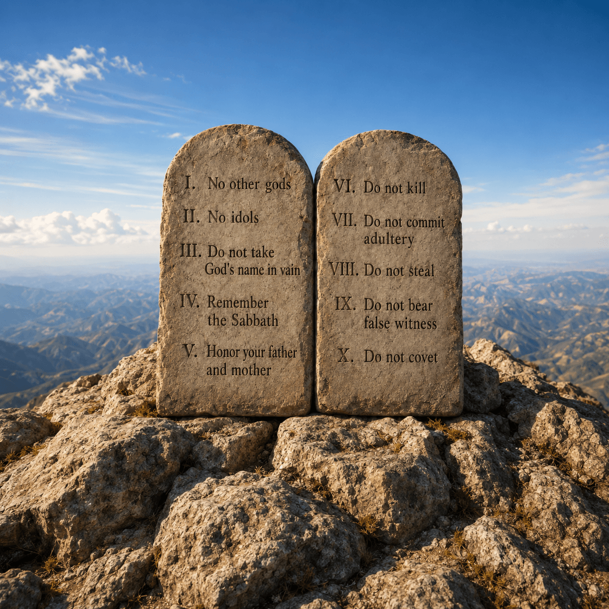 Two stone tablets on a mountain summit inscribed with the Ten Commandments numbered I through X, the fourth reading “Remember the Sabbath”