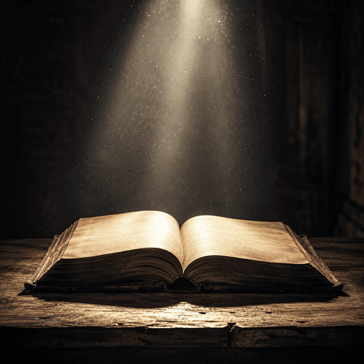 An open aged book on a table beneath a soft shaft of light, dust motes in the beam