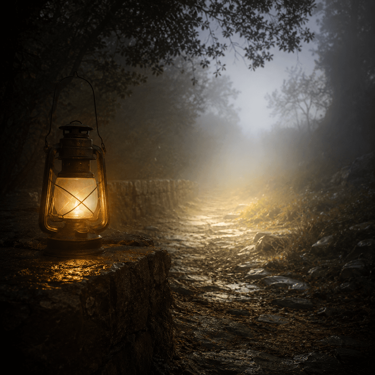 A lit lantern resting on a stone beside a path as fog clears in the distance
