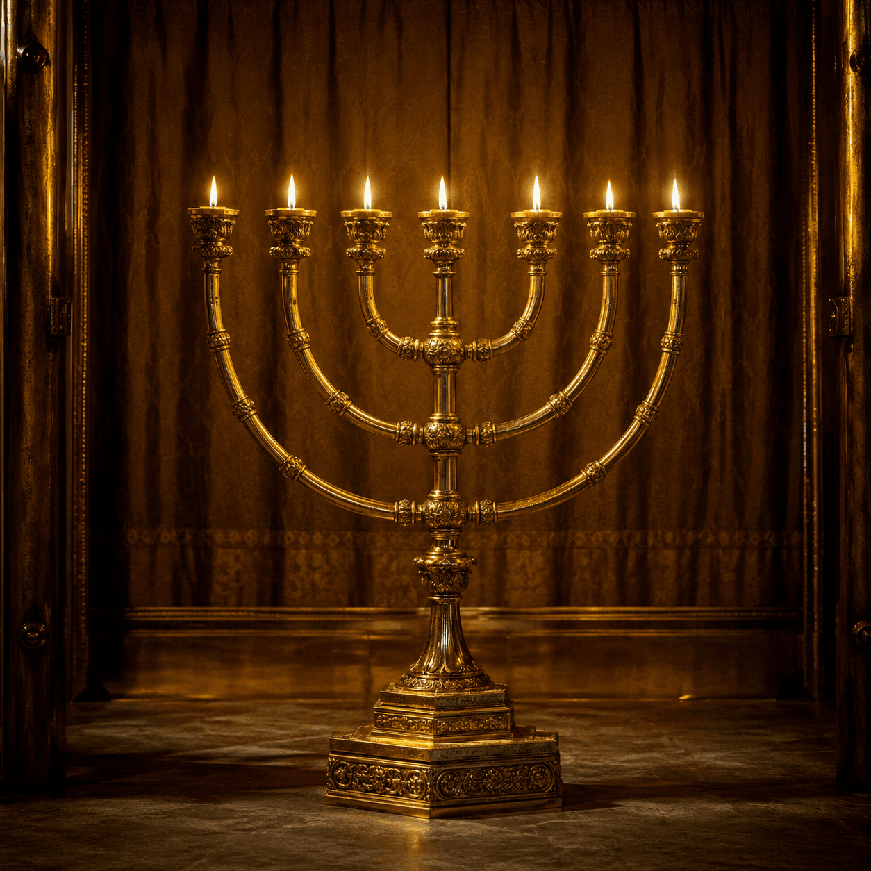 A seven-branched golden lampstand burning with seven flames in a warm, gold-lit interior