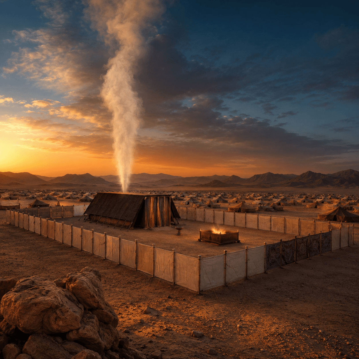 The wilderness tabernacle within its courtyard in a desert camp at sunset, a pillar of smoke rising above it