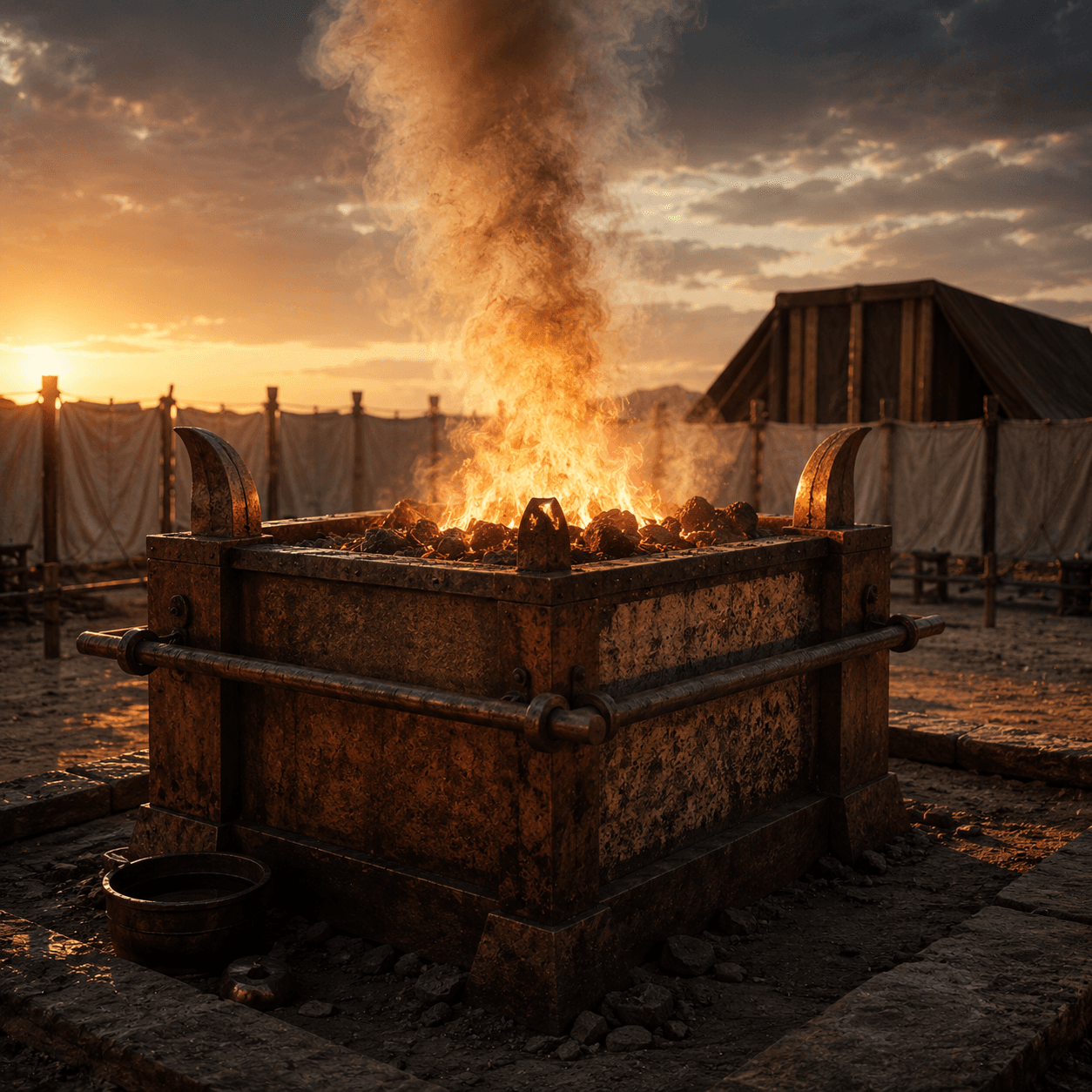 The bronze altar of sacrifice burning with fire and smoke in the tabernacle courtyard at sunset