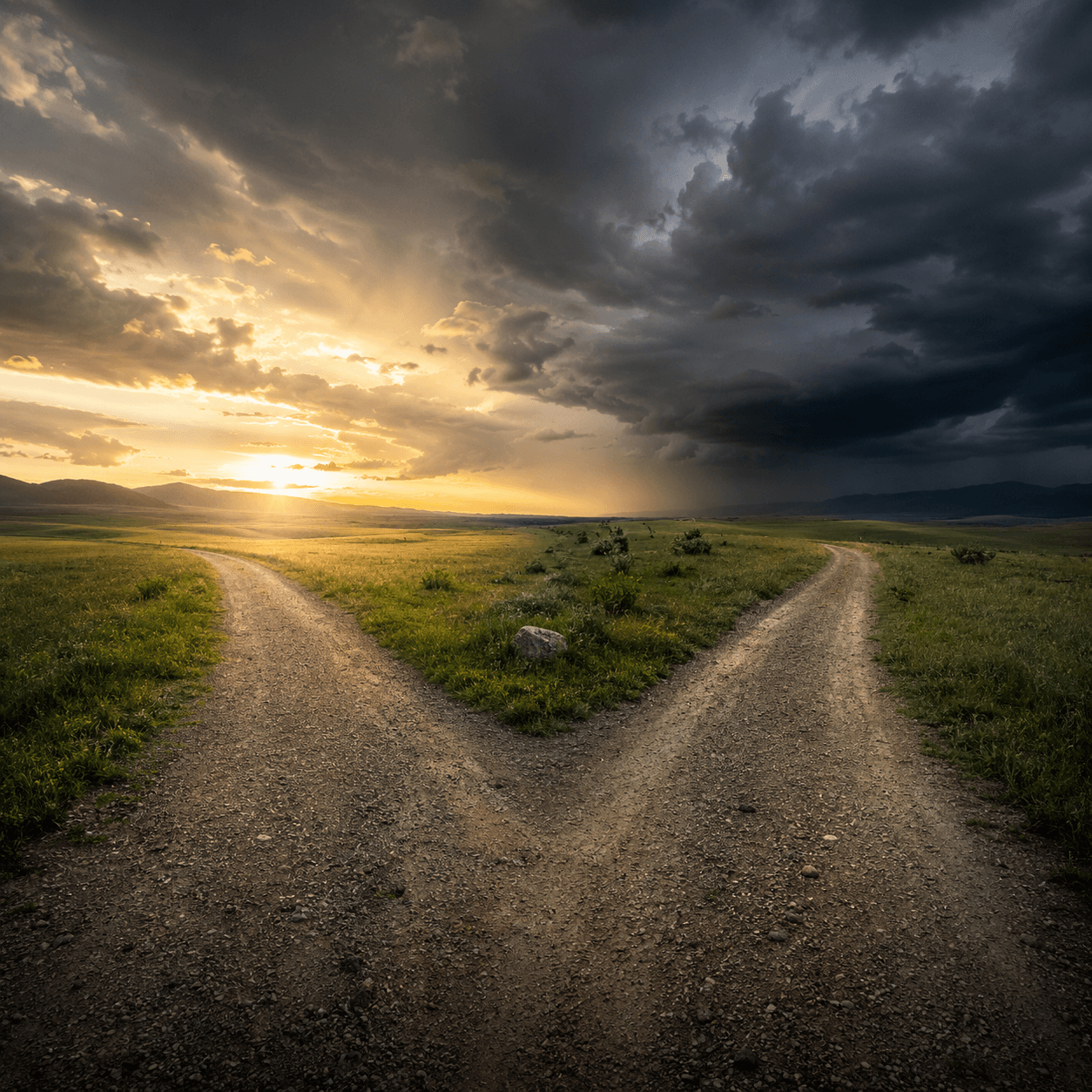 Two roads diverging at a crossroads, one toward golden light and one into a dark storm