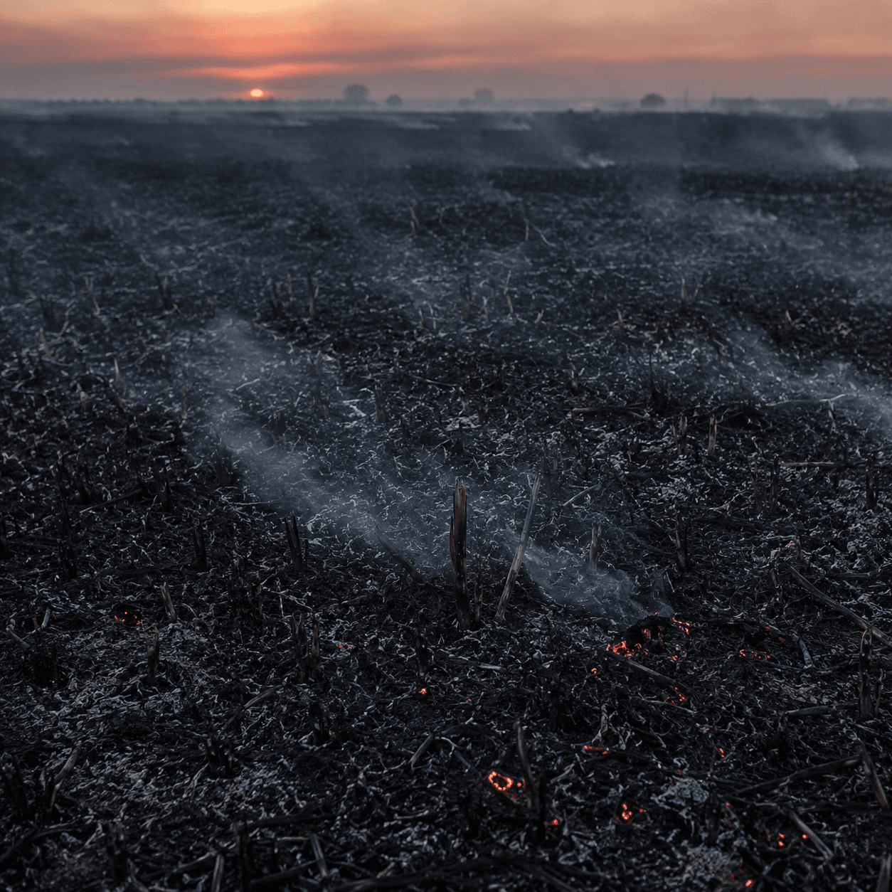A field of burned black stubble at dusk with faint embers and drifting smoke
