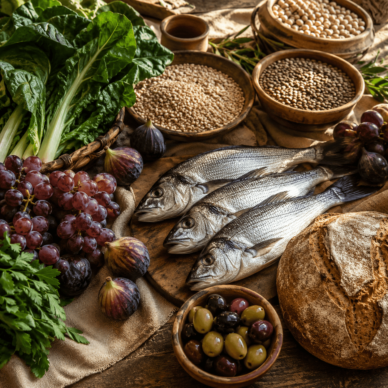 An overhead spread of clean whole foods — fish, grapes, figs, leafy greens, lentils, olives, and bread on a rustic table