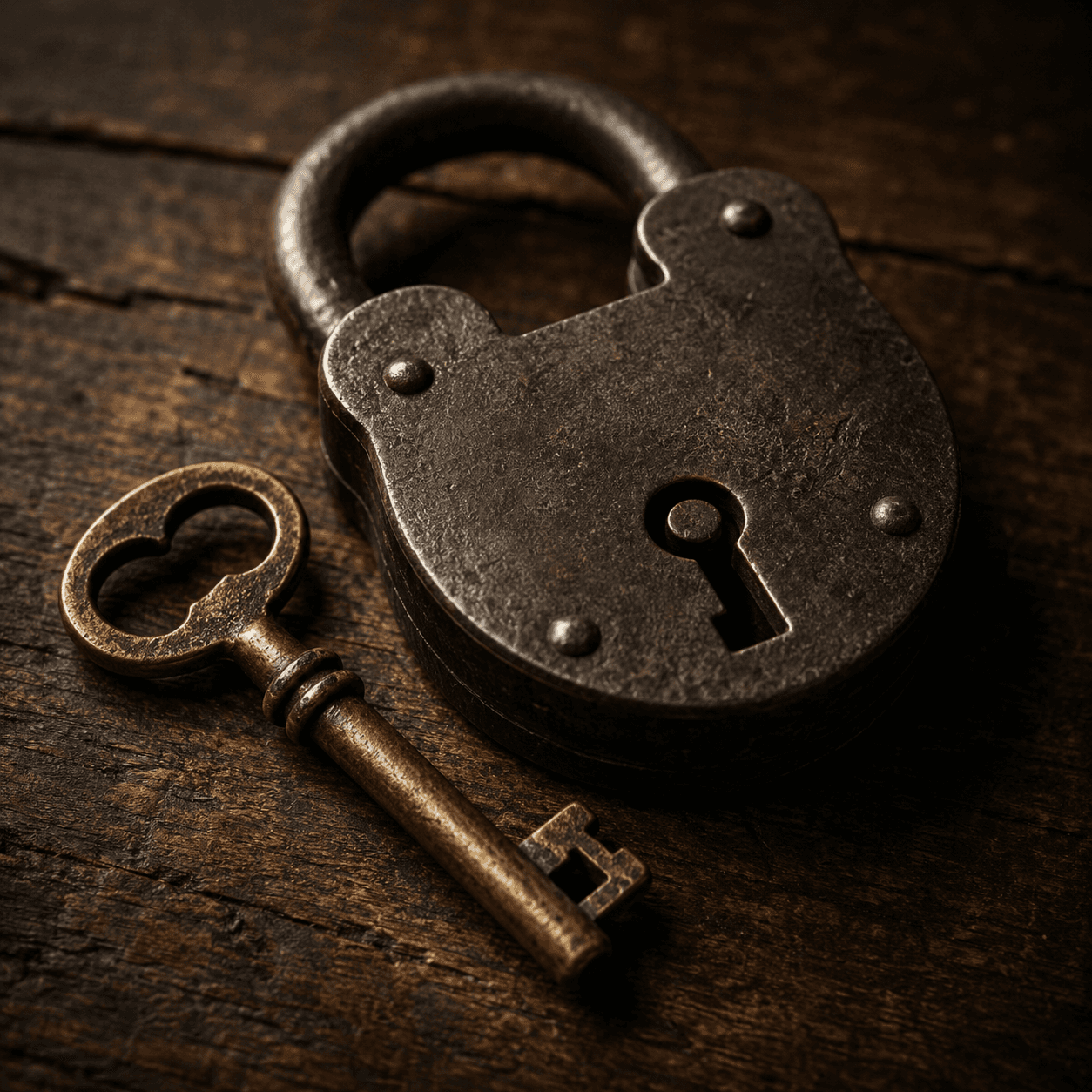 An old brass key beside an antique iron padlock on dark wood