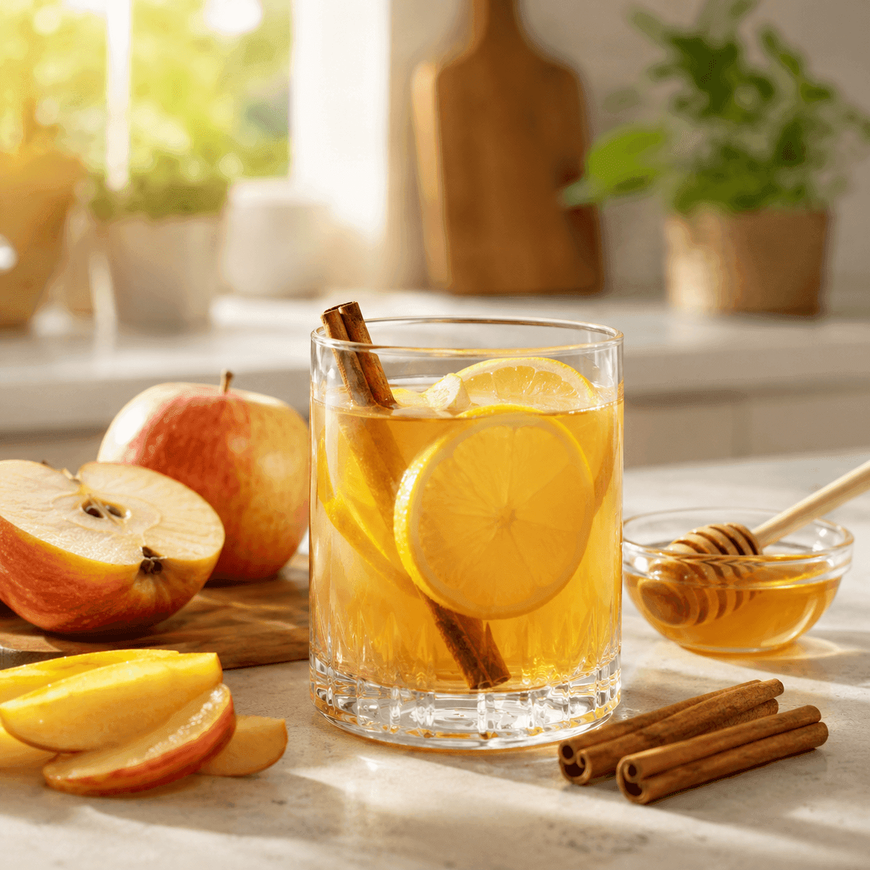 A glass of apple cider vinegar drink with lemon slices and cinnamon sticks beside apple wedges and a honey dipper