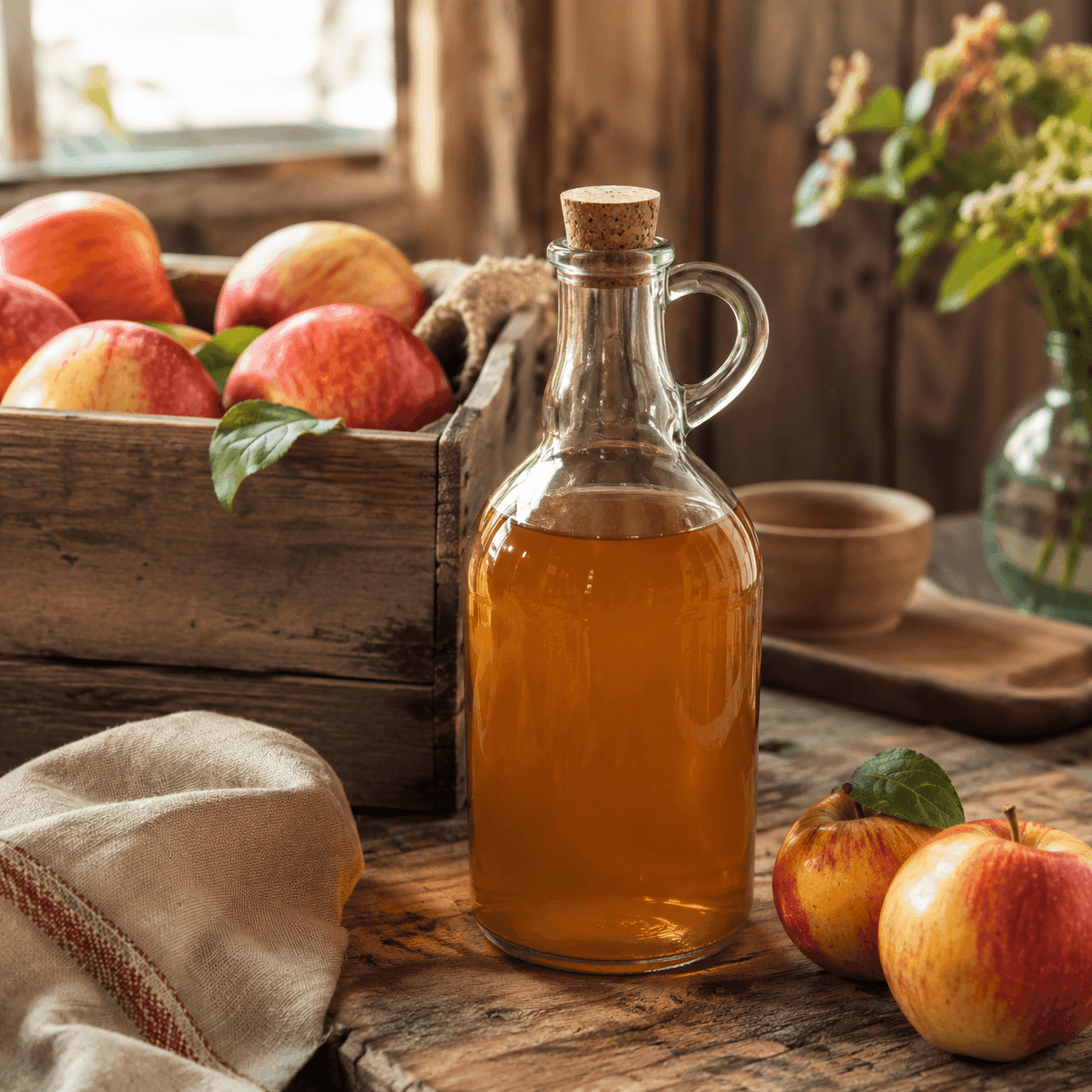 A corked glass jug of apple cider vinegar beside a wooden crate of red apples in rustic light