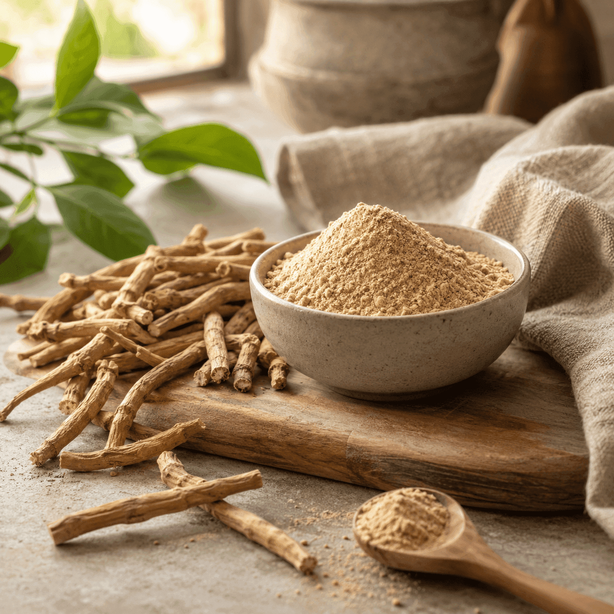 A bowl of tan ashwagandha root powder with dried roots and a wooden spoon on a light board