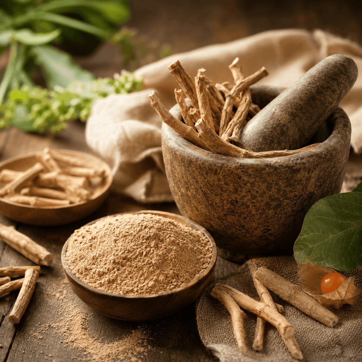 Dried ashwagandha roots in a stone mortar and pestle beside a bowl of ground ashwagandha powder on a dark rustic table