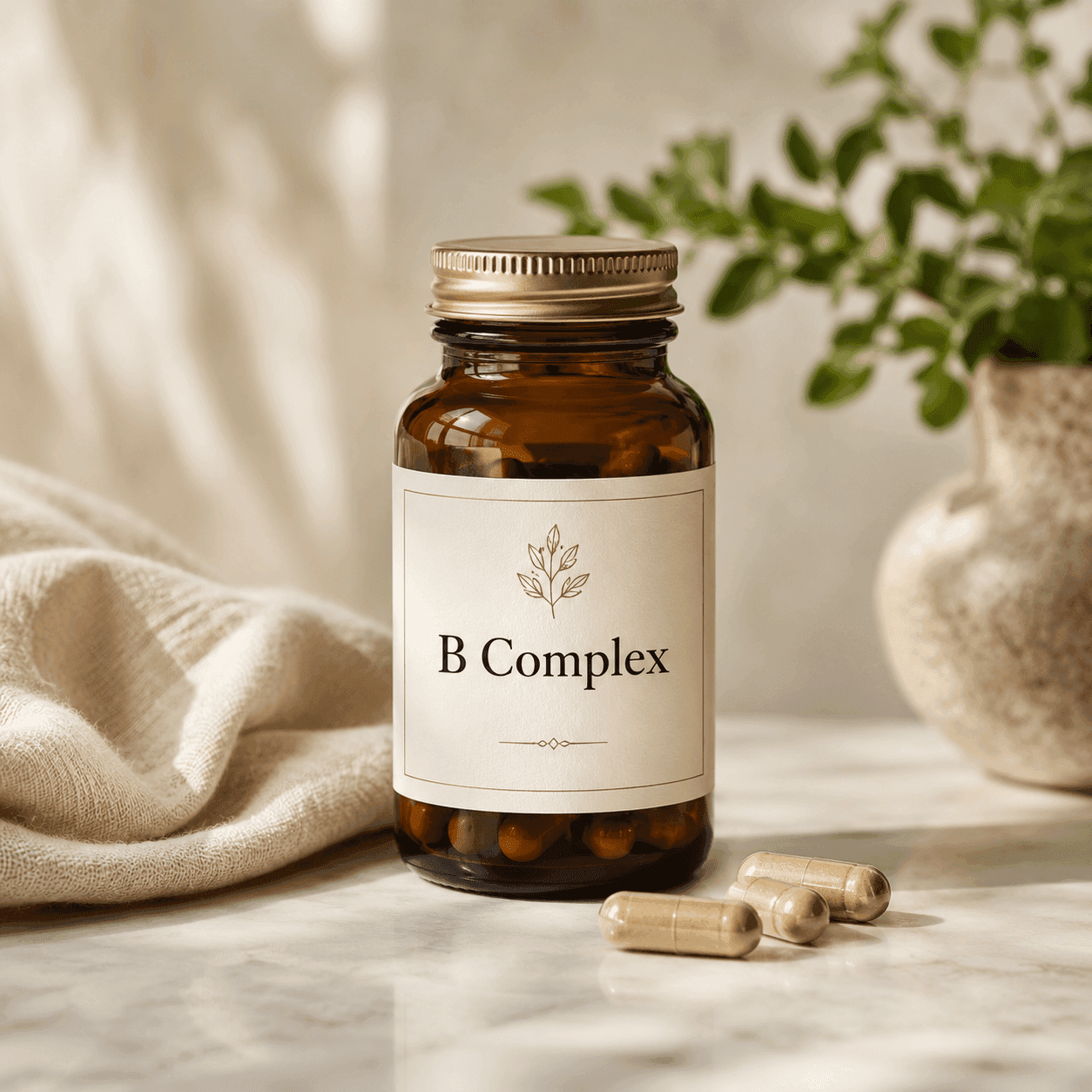 An amber glass bottle labeled B Complex with two capsules resting beside it on a marble surface
