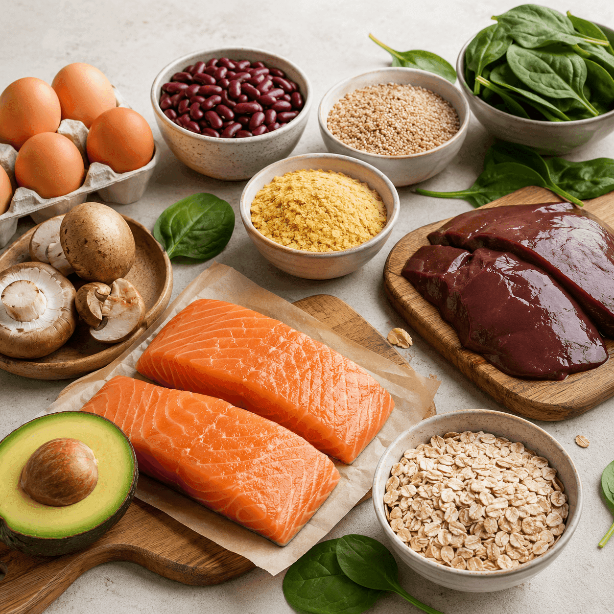 A spread of B-vitamin-rich foods including eggs, kidney beans, liver, salmon, mushrooms, oats, spinach, and nutritional yeast