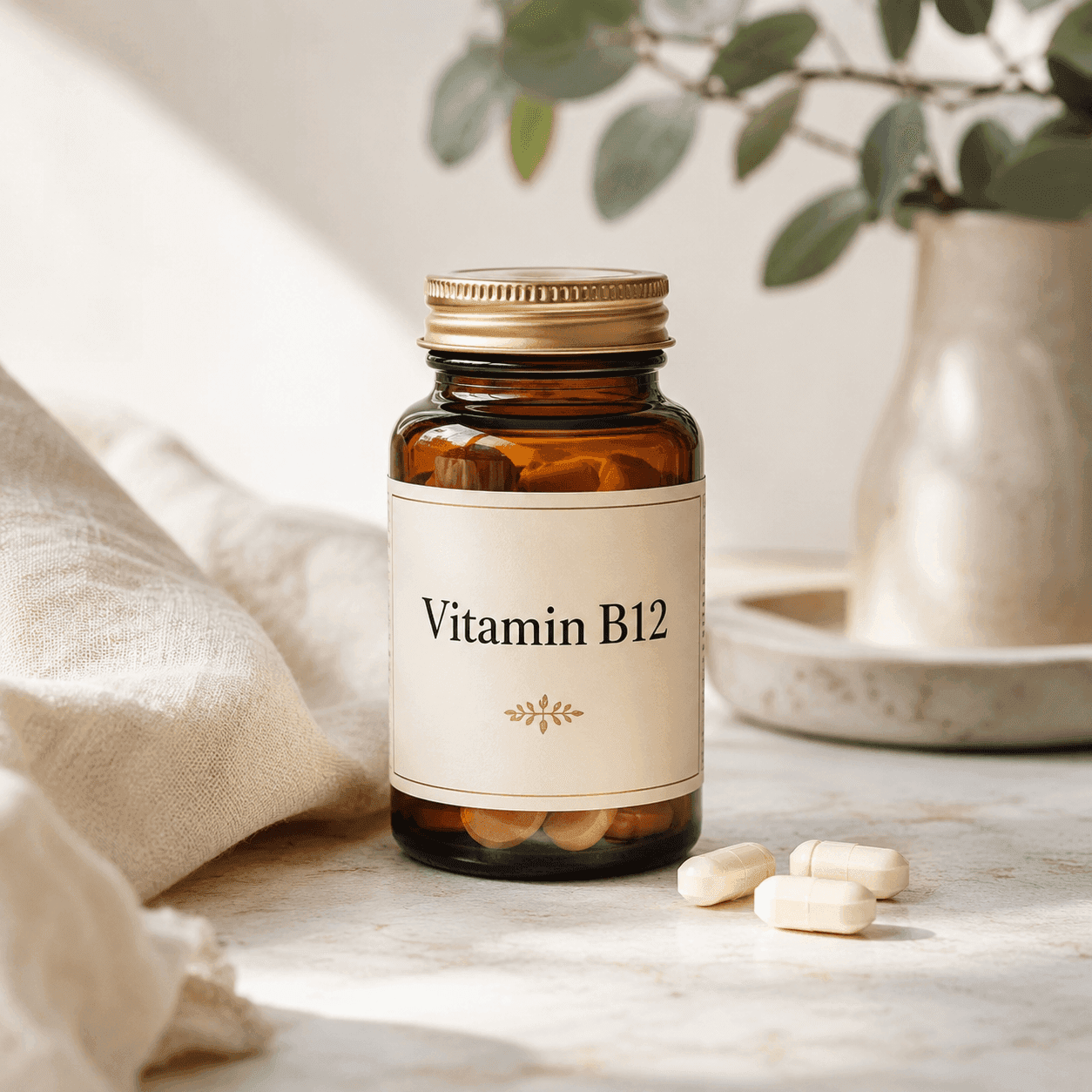 An amber glass bottle labeled Vitamin B12 with capsules beside it on a marble surface
