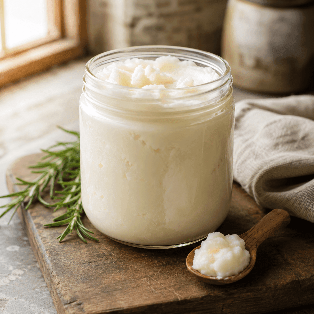 A glass jar of creamy white rendered beef tallow with a wooden spoonful beside it on a wood board, sprig of rosemary