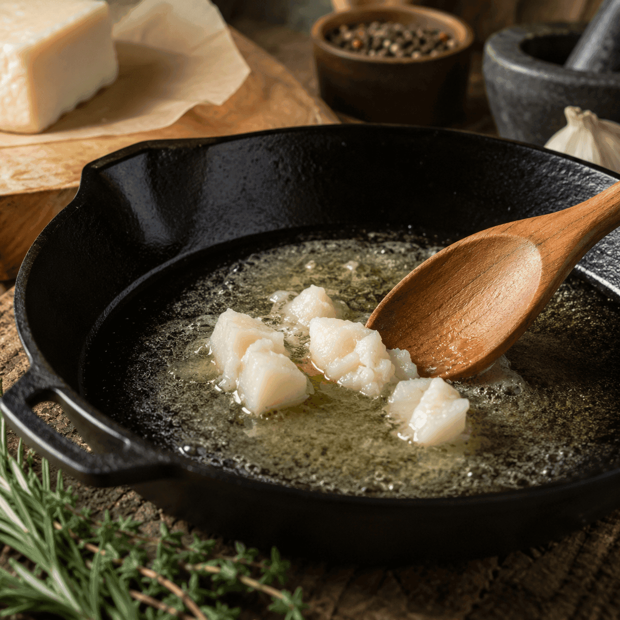 Beef tallow melting in a black cast-iron skillet with a wooden spoon and fresh herbs