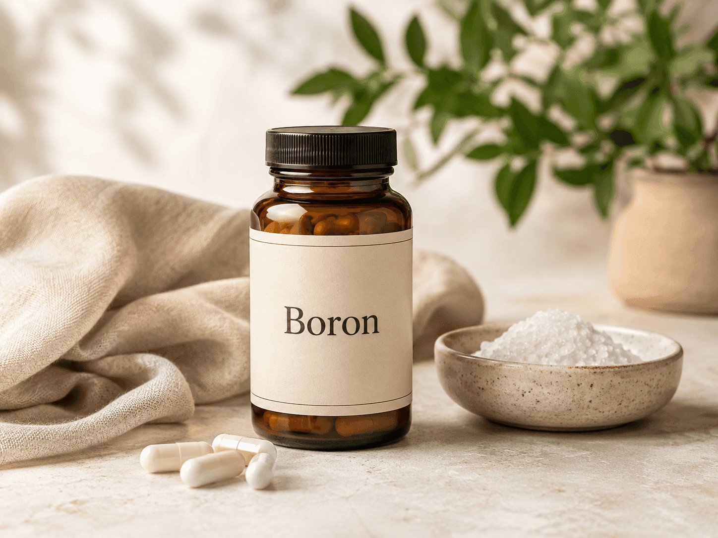 An amber supplement bottle labeled "Boron" with two white capsules in front and a small dish of white mineral powder beside it