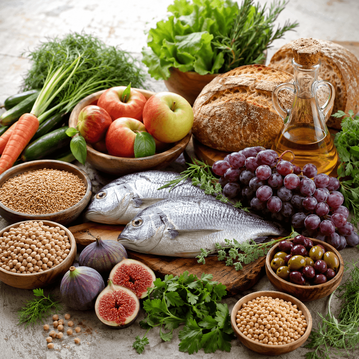 An abundant spread of whole foods — fresh vegetables, apples, whole-grain bread, olive oil, grapes, figs, fish, olives, and legumes
