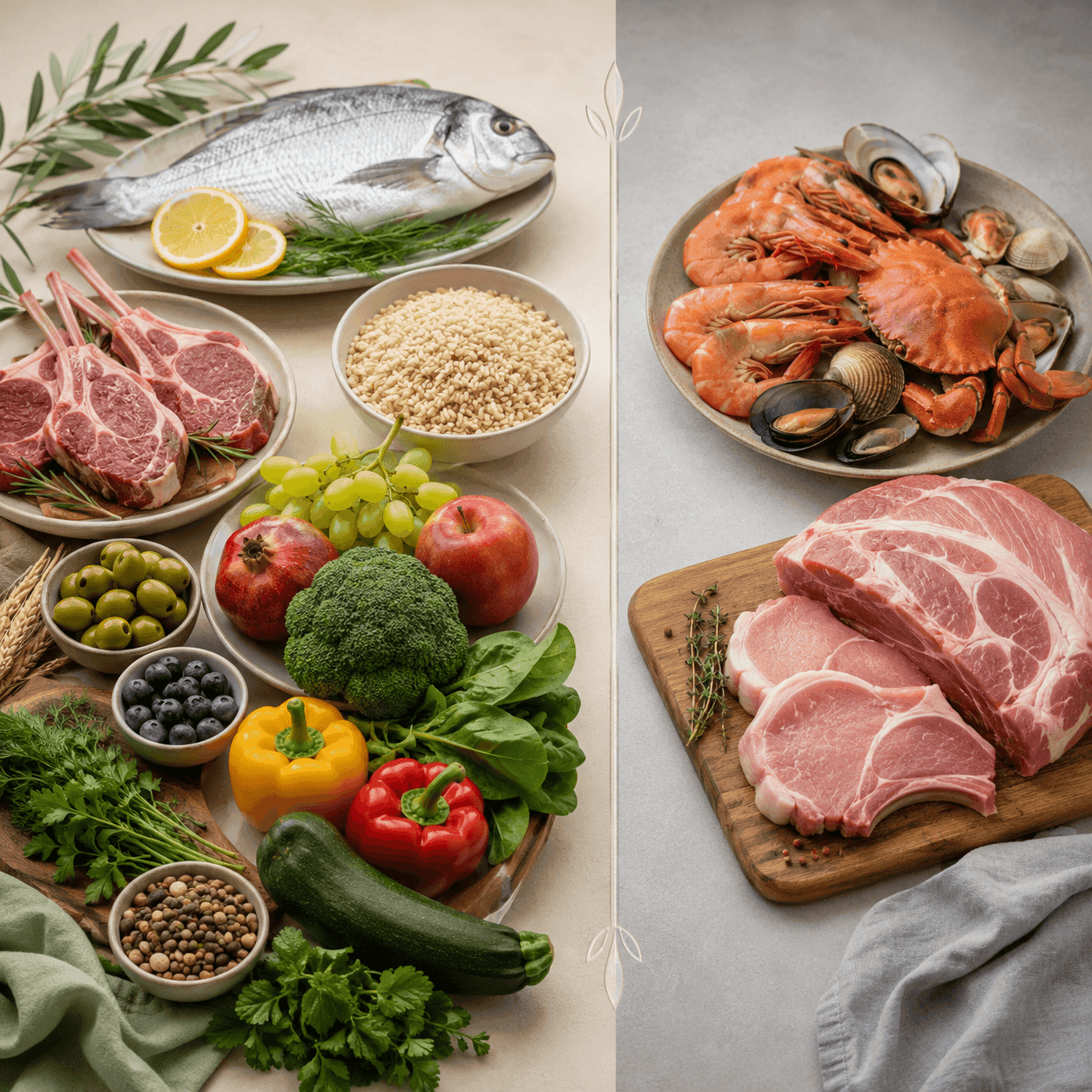 A split image contrasting clean foods — fish, lamb, fruit, vegetables, and grains — on the left with unclean foods — shellfish, crab, shrimp, clams, and raw pork chops — on the right