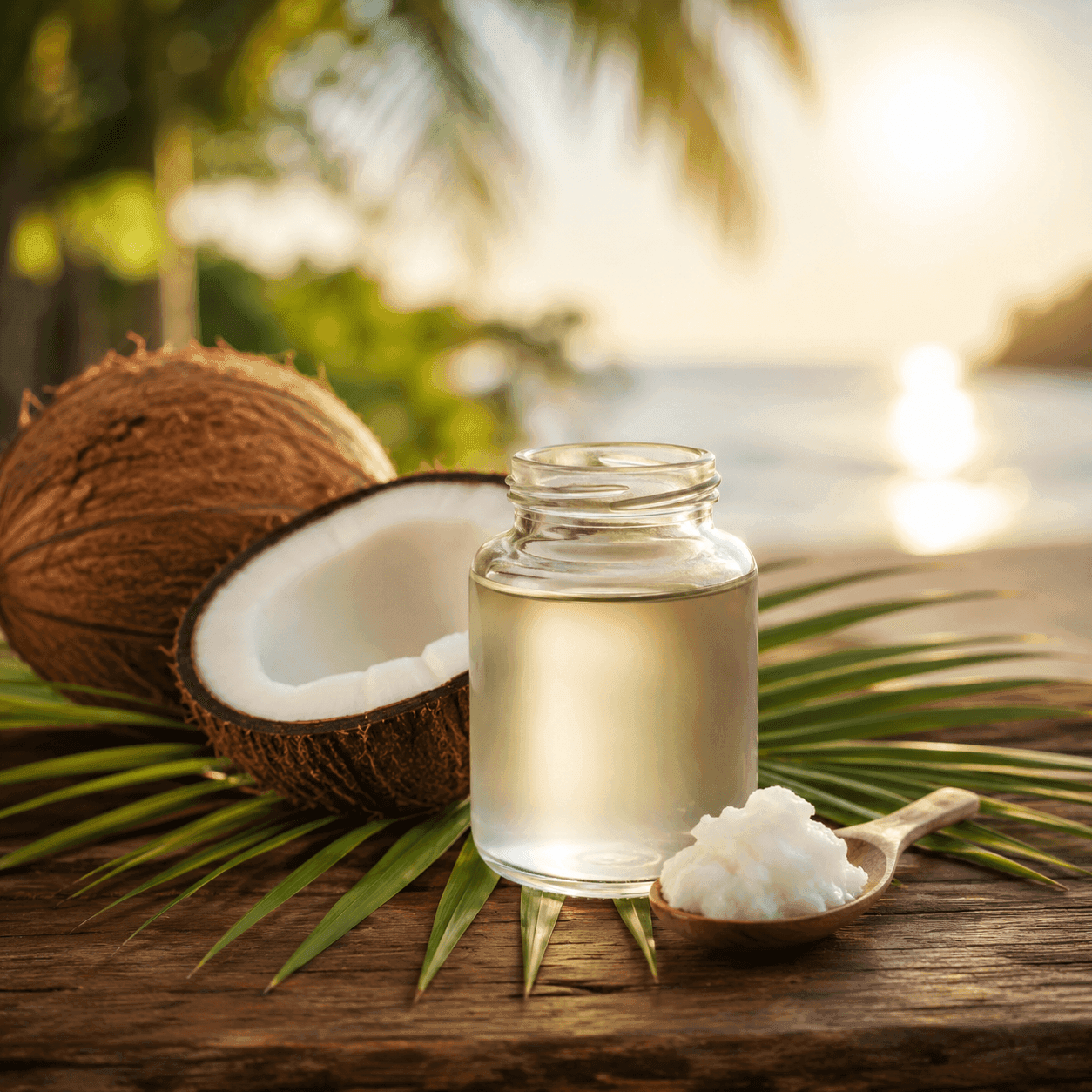 A jar of clear liquid coconut oil with a cracked coconut and palm fronds on a beach at sunset