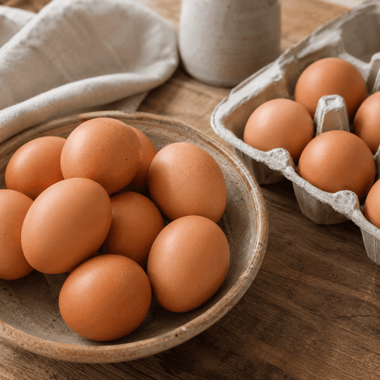 A ceramic bowl of whole brown eggs beside an open egg carton on a wood table