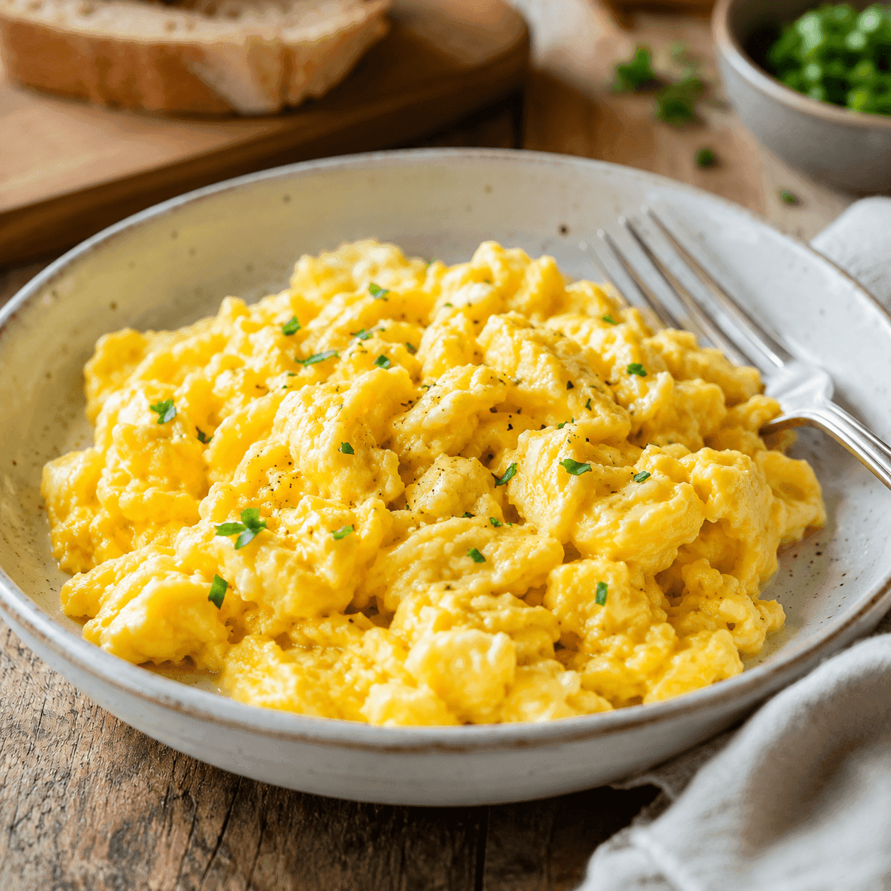 A bowl of soft scrambled eggs garnished with chives, with a fork and toast