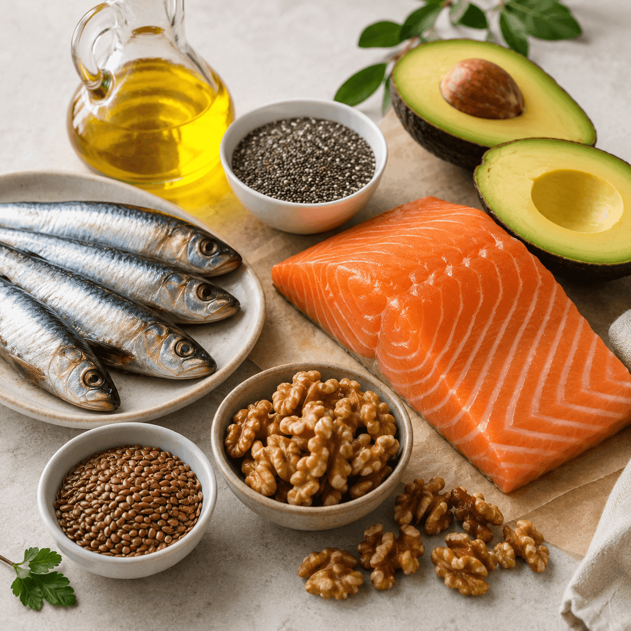 A spread of omega-rich foods — sardines, a salmon fillet, avocado, walnuts, flax seeds, chia, and oil
