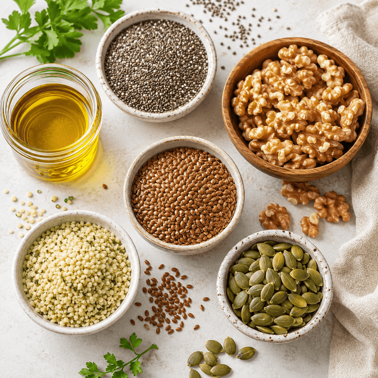 Bowls of omega-rich seeds and nuts — chia, flax, hemp hearts, pumpkin seeds, walnuts, and a jar of oil, flat lay