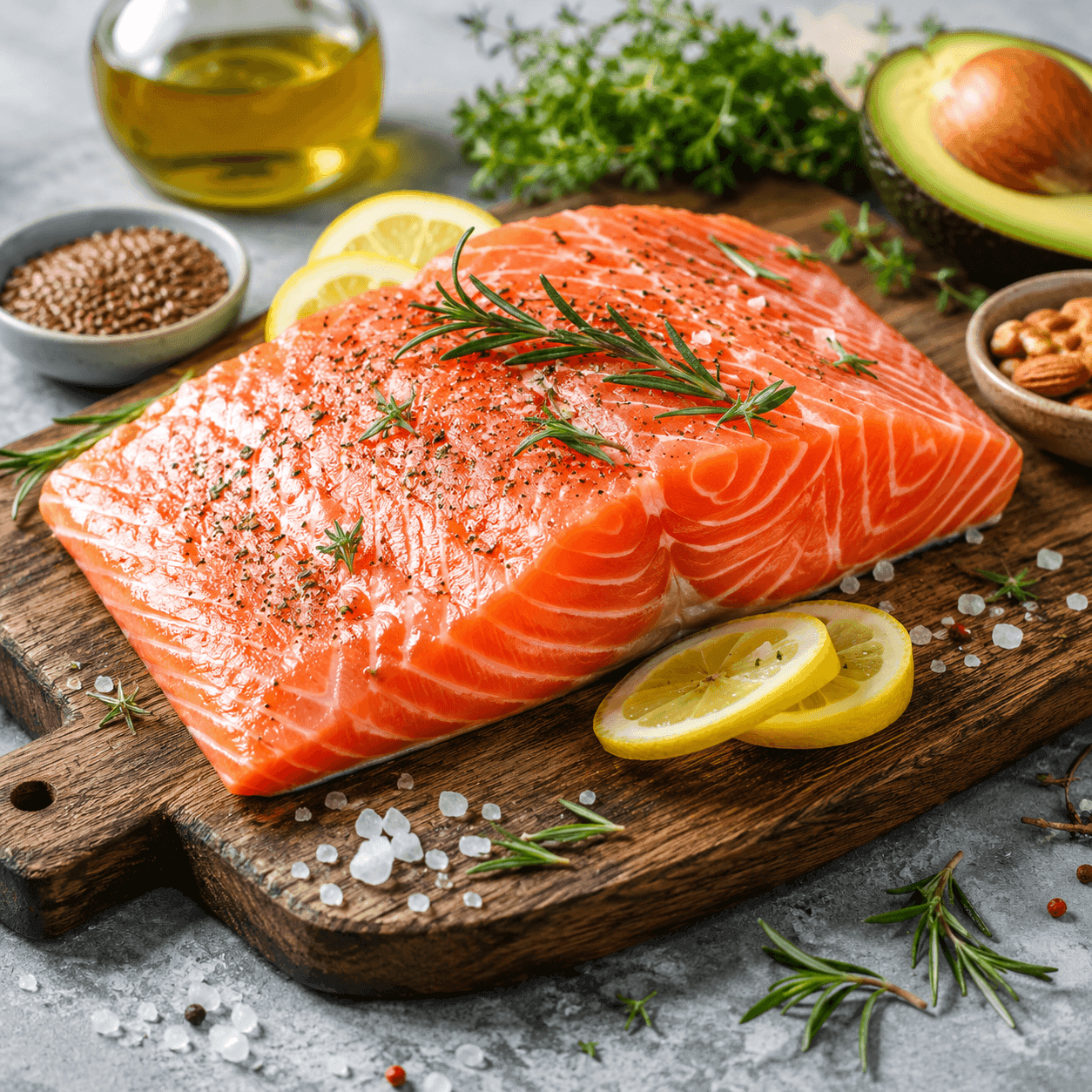 A raw salmon fillet on a wooden board seasoned with rosemary, lemon slices, and sea salt