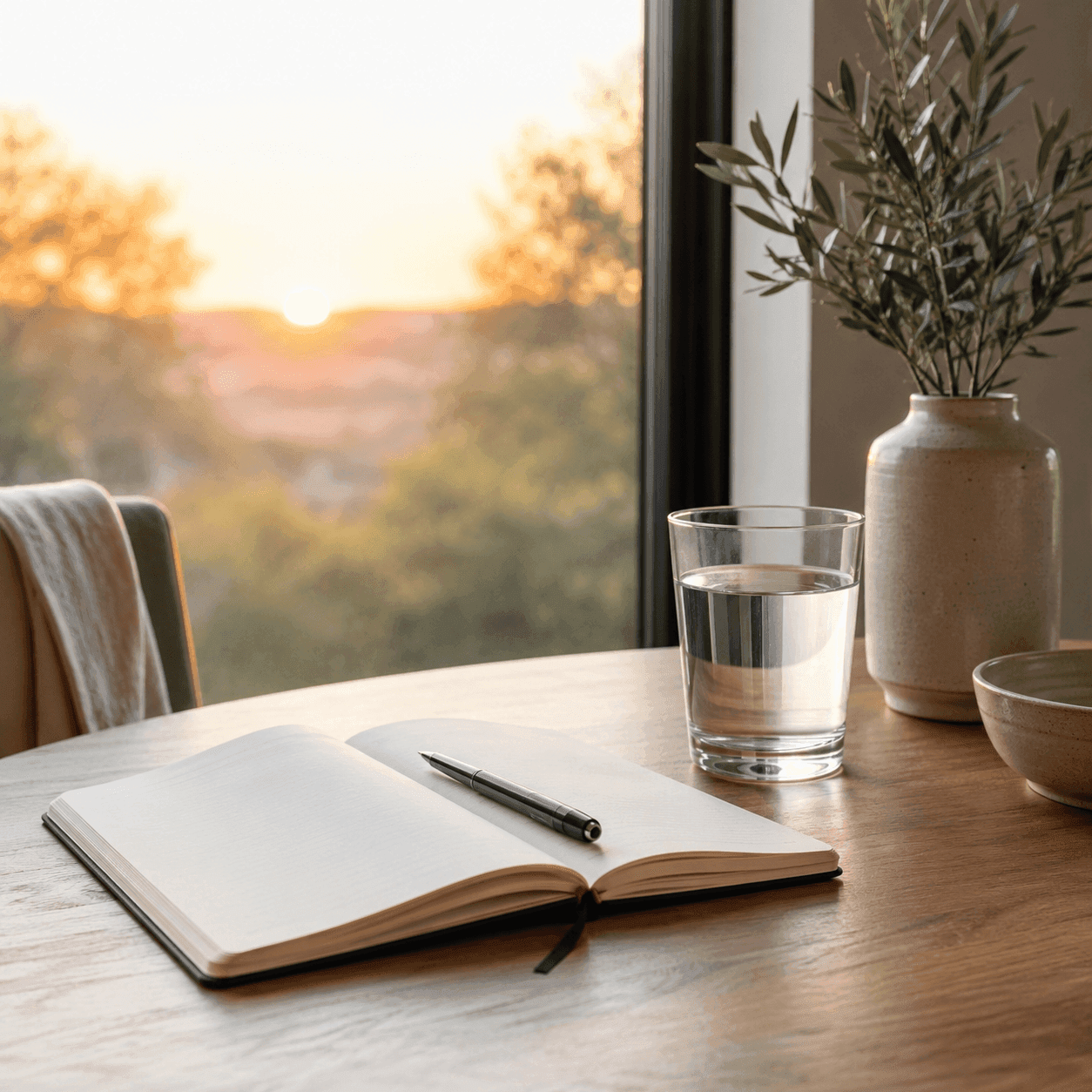 An open blank journal and pen beside a glass of water on a wood table by a window at sunset