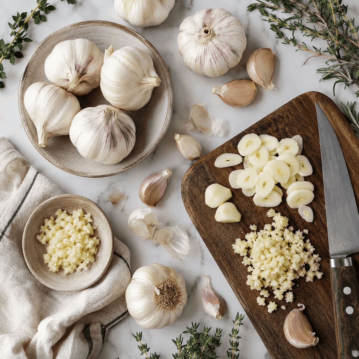 Garlic bulbs in a bowl with sliced and minced garlic on a cutting board and a knife, flat lay on marble with herbs