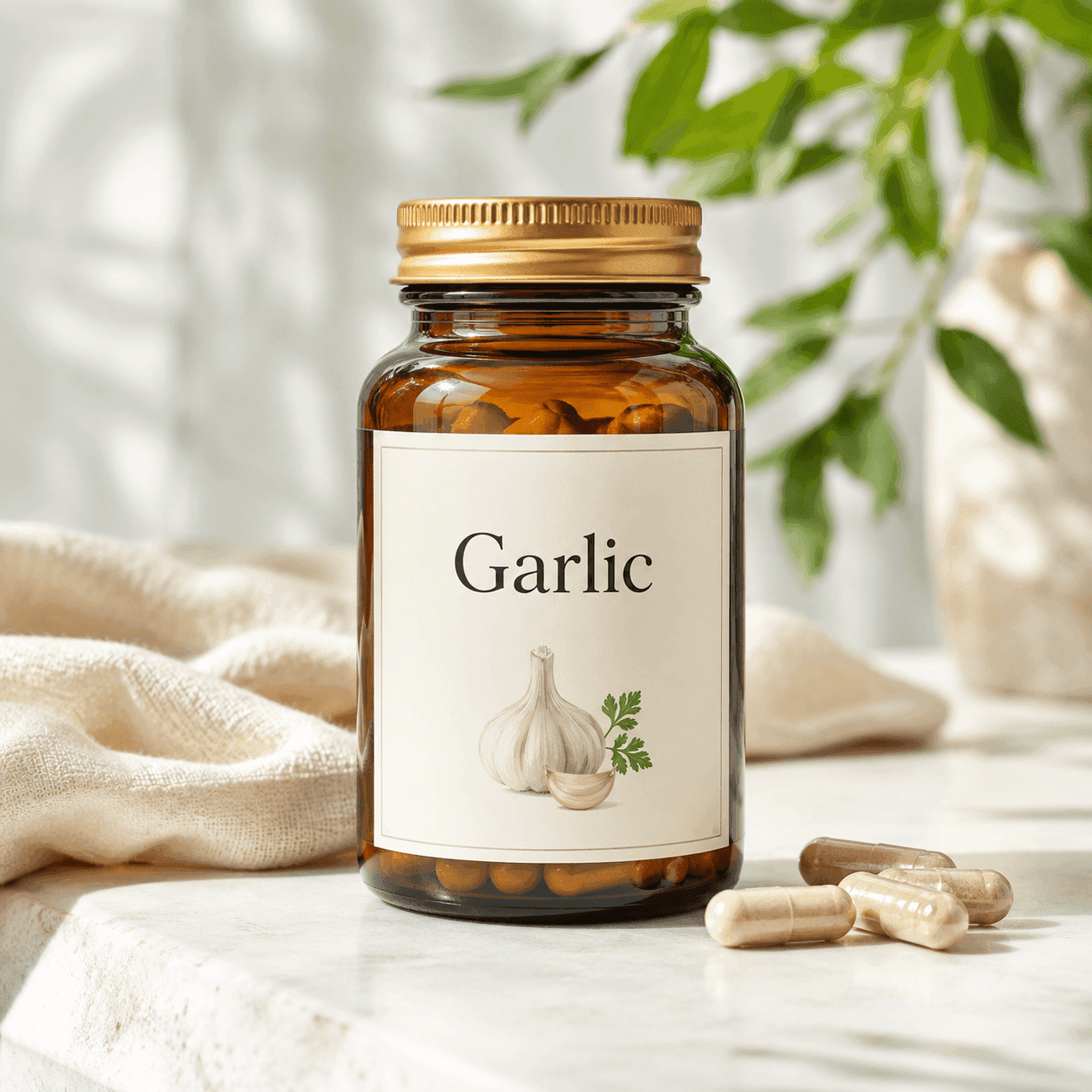 An amber glass supplement jar labeled Garlic with capsules spilled beside it