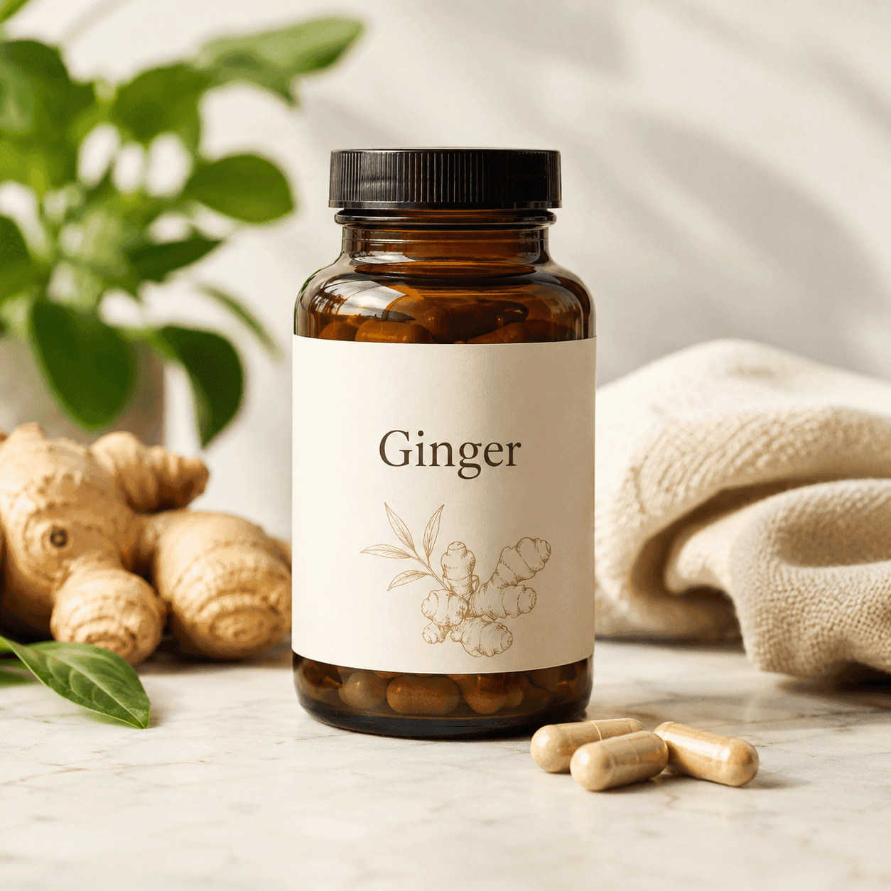 An amber supplement bottle labeled Ginger with two capsules and fresh ginger root beside it