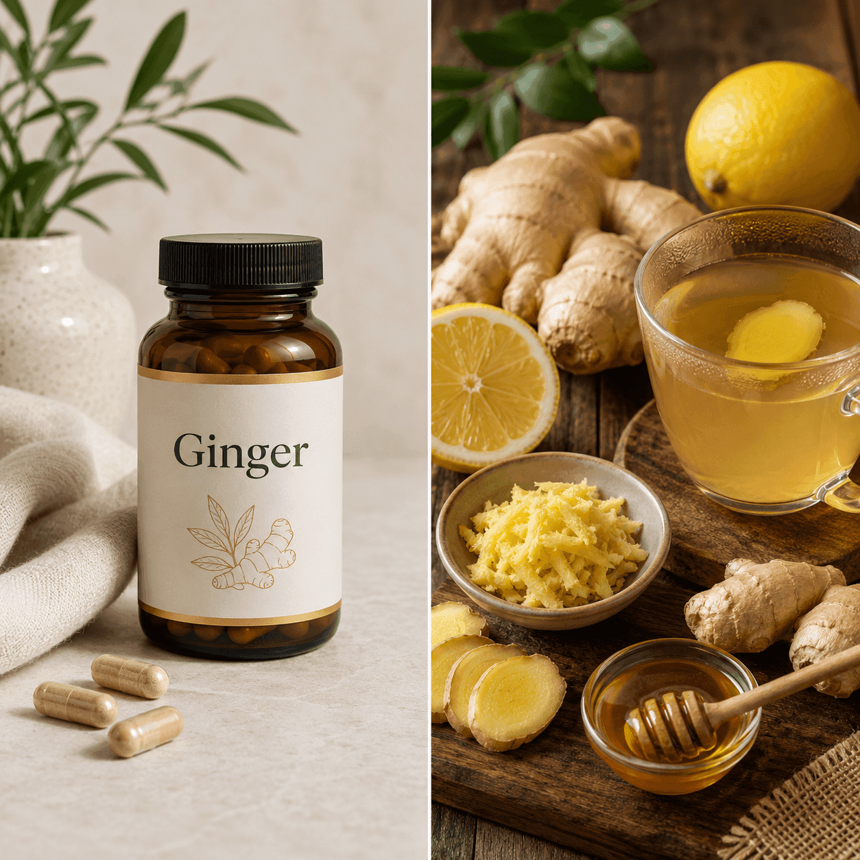 A Ginger supplement bottle with capsules beside a mug of ginger tea with lemon, honey, and grated ginger