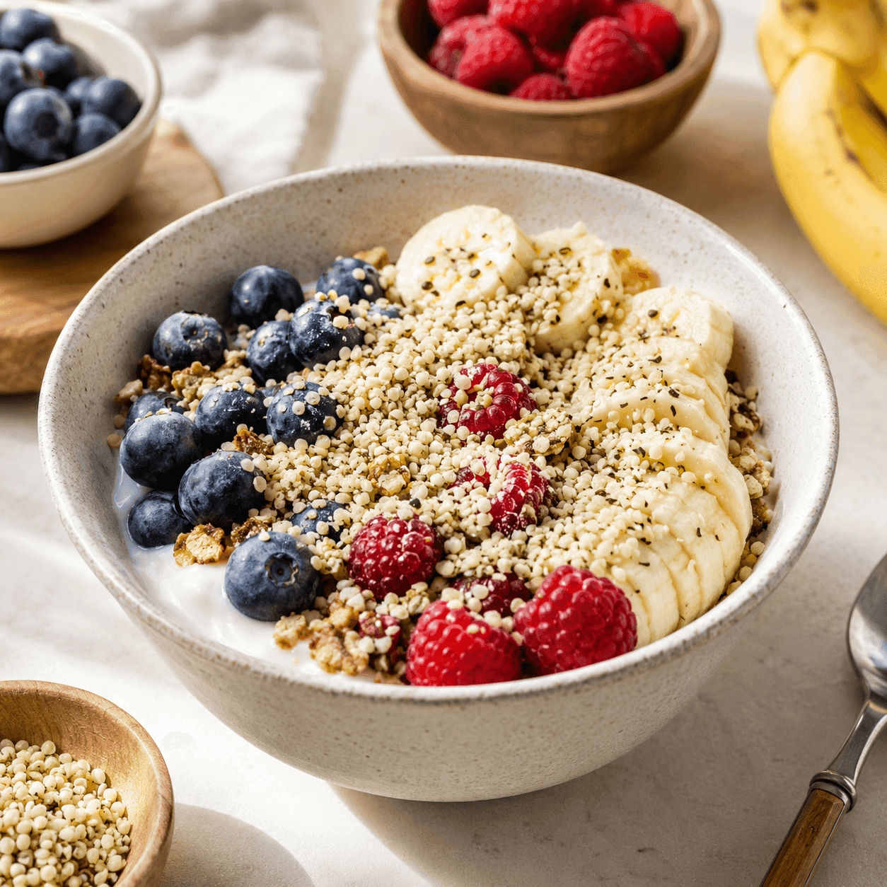 A yogurt breakfast bowl topped with hemp hearts, blueberries, raspberries, and banana slices