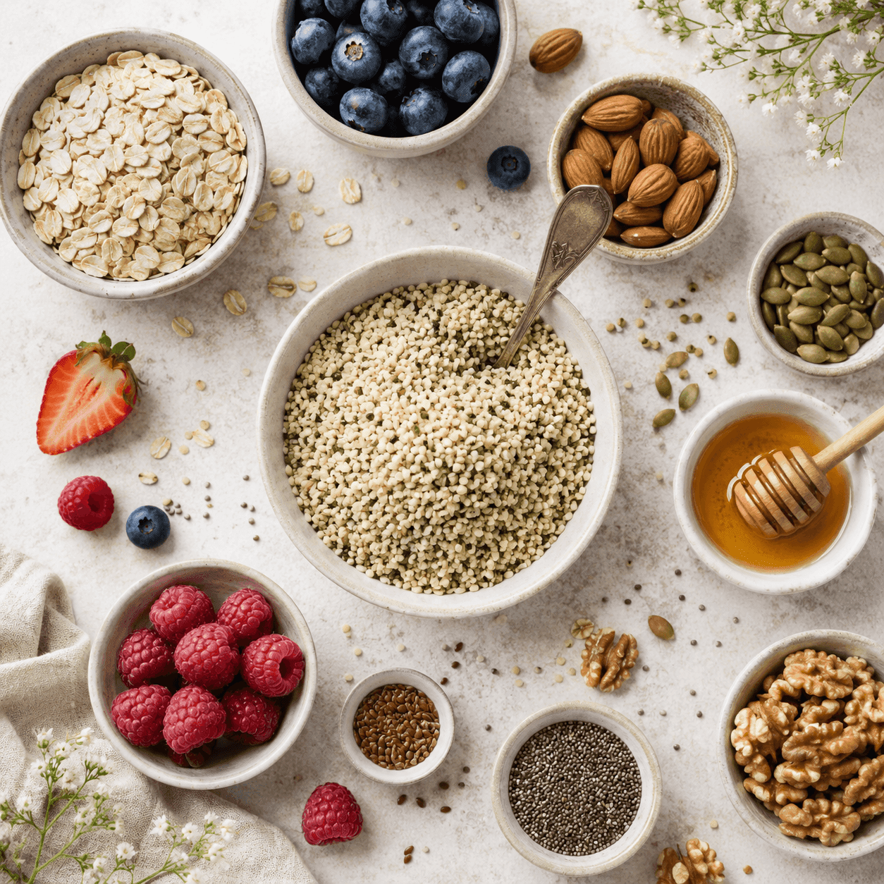 A flat-lay of a bowl of hemp hearts surrounded by bowls of oats, blueberries, almonds, pumpkin seeds, honey, raspberries, walnuts, and chia seeds