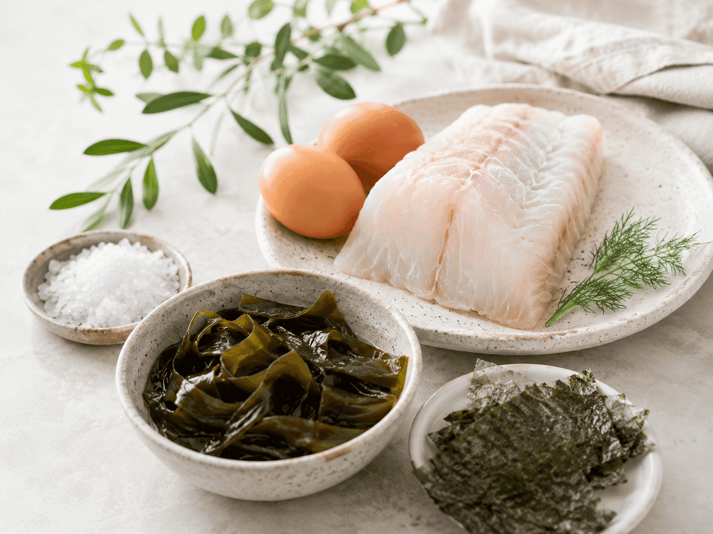 Iodine-rich foods — eggs, a white fish fillet, sea salt, wakame seaweed, and nori sheets