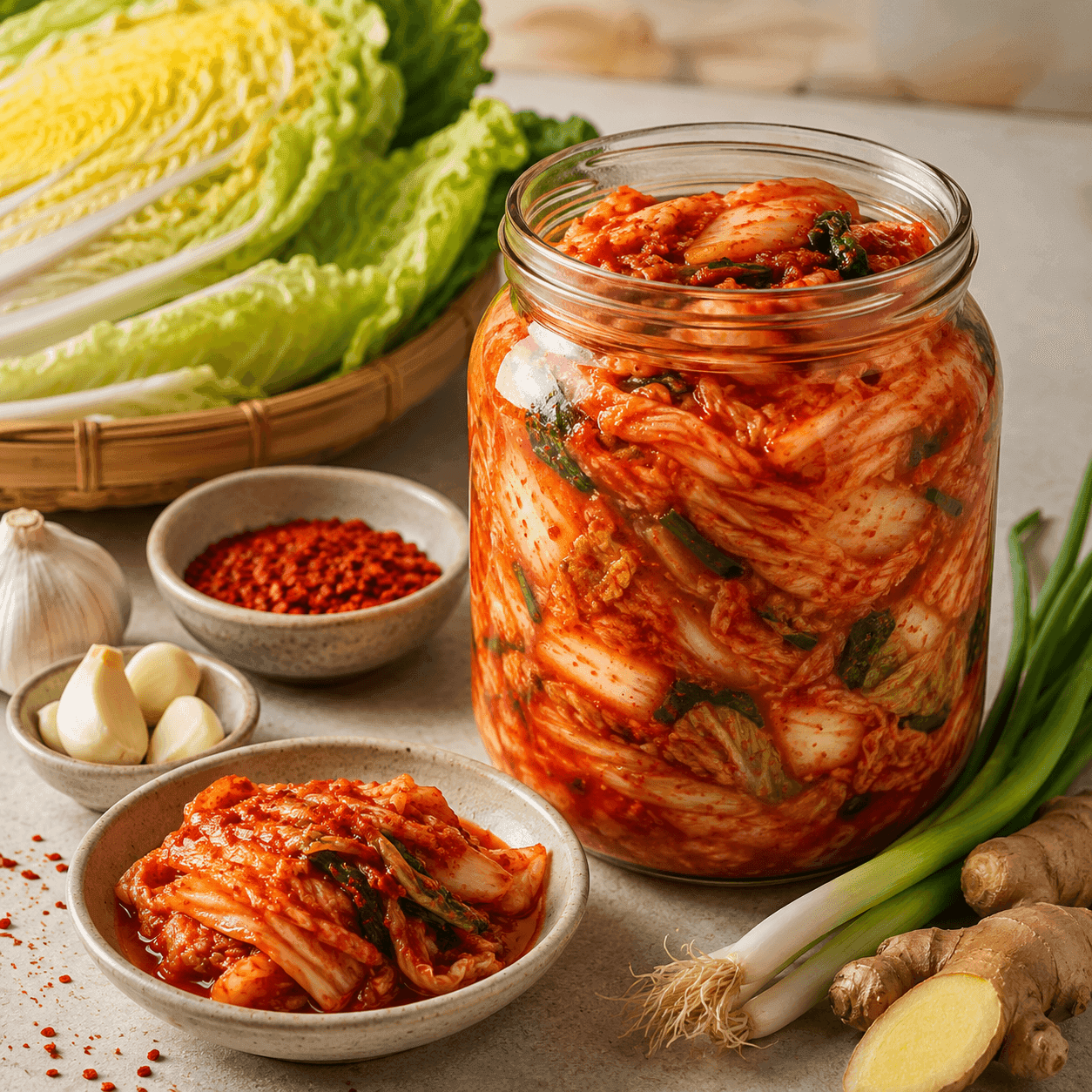 A jar of fresh kimchi surrounded by napa cabbage, garlic, chili flakes, scallions, and ginger