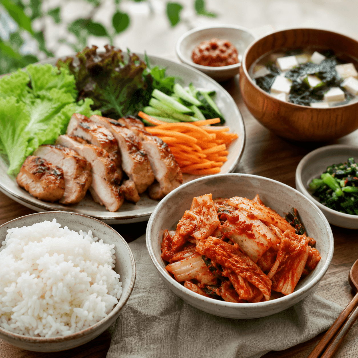 A Korean meal spread — grilled chicken, rice, miso soup, vegetables, and a bowl of kimchi