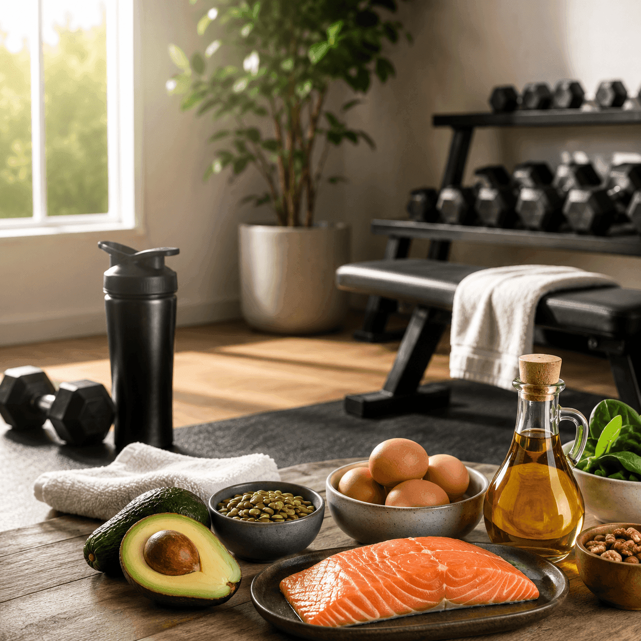 A home gym with dumbbells, a bench, and a shaker bottle, with testosterone-supporting foods — avocado, eggs, salmon, pumpkin seeds, and olive oil — in the foreground