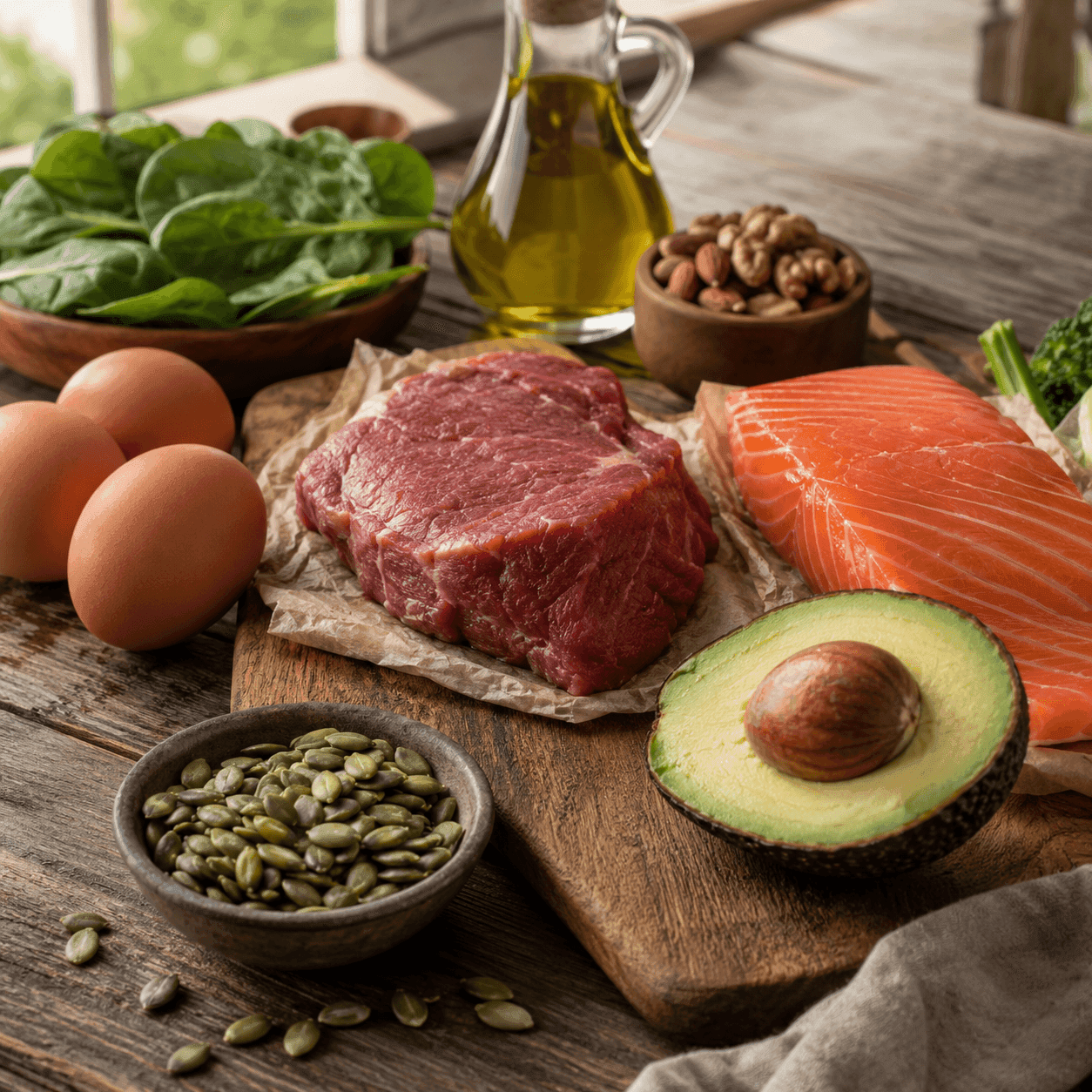 Testosterone-supporting foods on a wooden cutting board — eggs, raw beef steak, salmon, avocado, pumpkin seeds, nuts, spinach, and olive oil