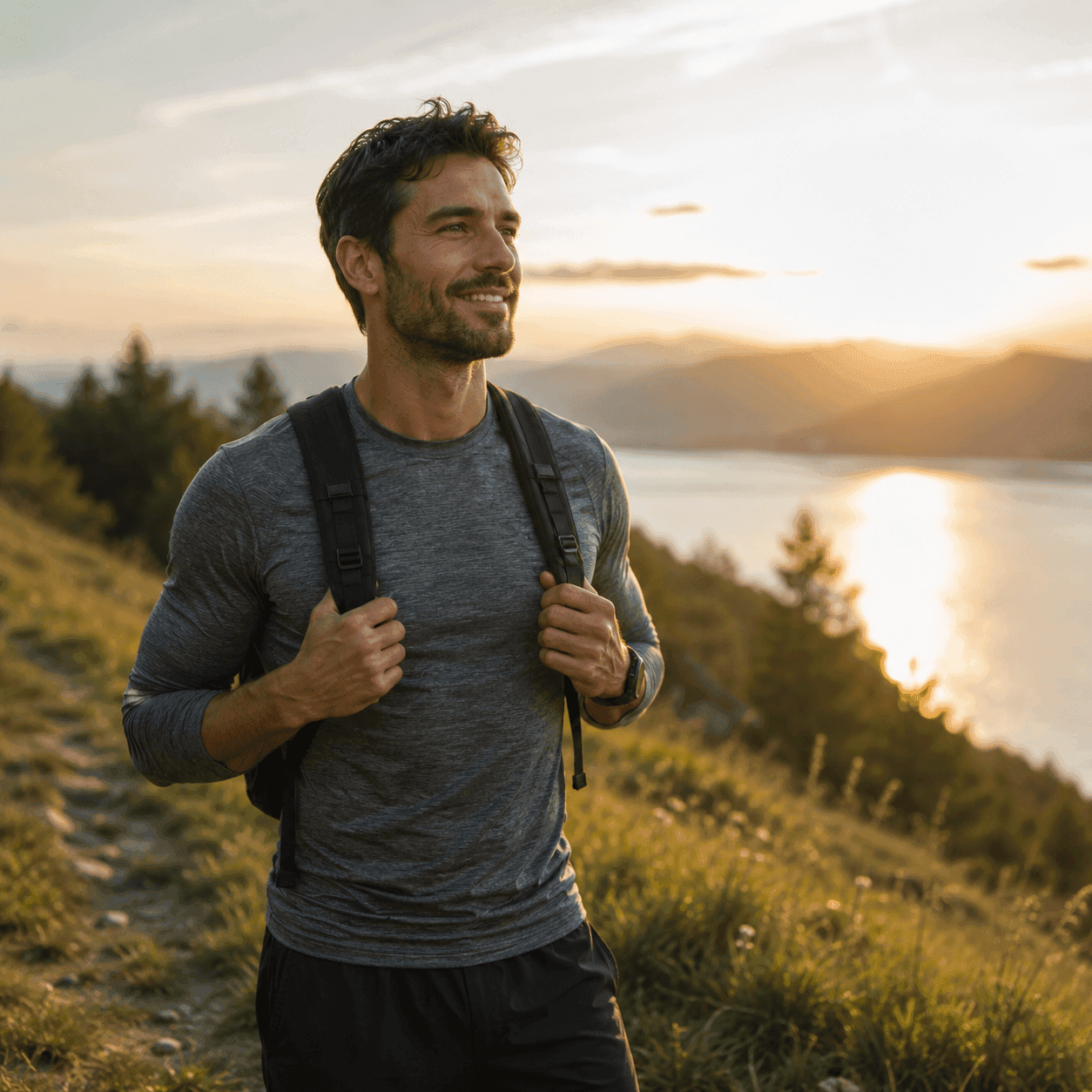 A fit, smiling man hiking on a grassy hillside above the water at sunset, wearing a backpack
