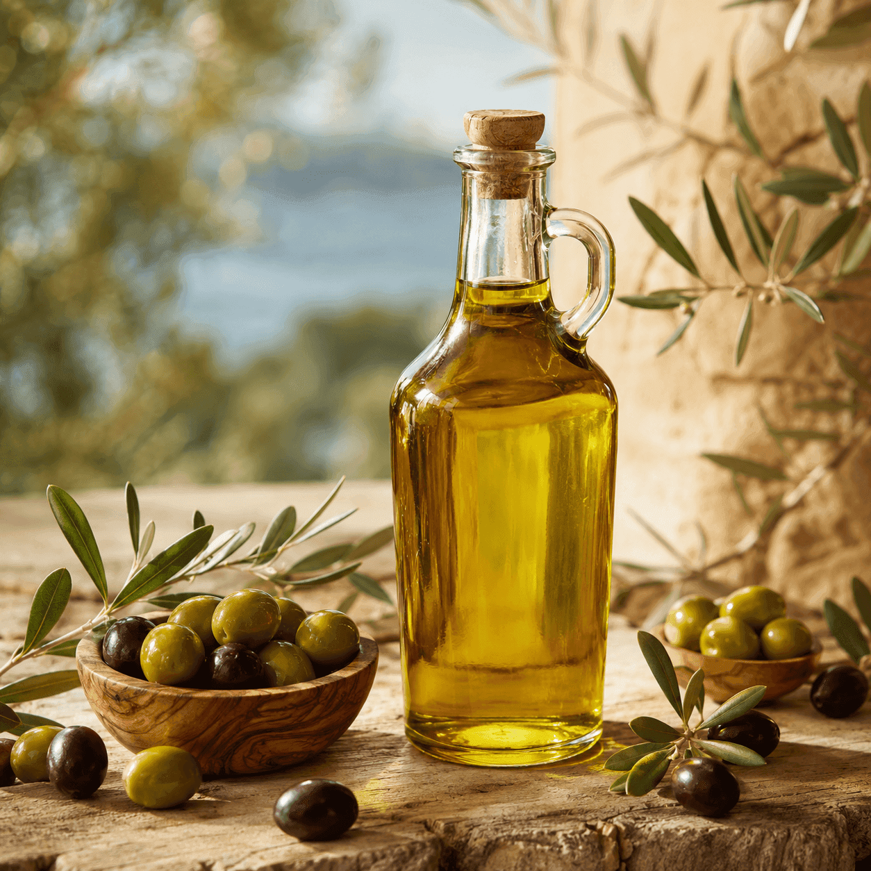 A glass cruet of golden olive oil on a rustic wood ledge with bowls of green and black olives and olive branches, a coastal view behind